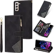 [UEEBAI] Wallet Case for Samsung Galaxy S21 FE 5G, Vintage Premium PU Leather Cover Flip Case with Card Slots Magnetic Closure Zipper Pocket Kickstand Handbag with Hand Strap - Diamond Black