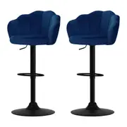 Set of 2 Bar Stools Kitchen Stool Swivel Chair Gas Lift Velvet Chairs Blue