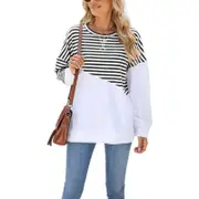 Side Split Loose Casual Stripe Joint Jumper - Black Stripe