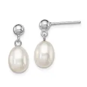 Sterling Silver Rhodium-Plated 7-8mm White Fw Cultured Pearl Earrings