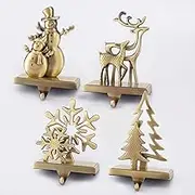 Kosmeey Christmas Stocking Holder for Mantel Metal Christmas Stocking Hangers for Fireplace-Xmas Tree Stocking Hooks Reindeer Snowflake Snowman Free Standing Mantel Bronze Hooks (Set of 4)