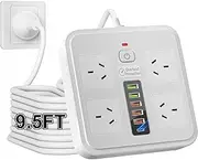 2500W Powerboard USB, 10in1 Power Strip USB C, Power Board Surge Protector With 4-Outlets, 2.9M Power Extension Cord with 4-USB & 1-USBC 2500W Surge Protection, Wall Mountable, for Home Office (White)