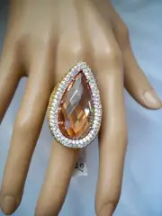 925 Sterling Peach Cubic Zirconia Teardrop Pave Clear & Yellow CZ Ring Size 10