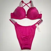 Victoria Secret 36A M Bombshell Push Up Bikini Top Set Shine Strap Berry Blush