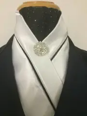 HHD Custom White Satin Pretied Stock Tie Black & Silver Bling