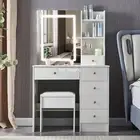 Vanity Dressing Table Stool Set Makeup Mirror Vanity Desk with LED Light White