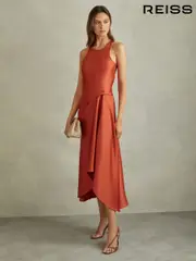 Reiss Rust Micah Satin Drape Tuck Midi Dress (B44505) | $325
