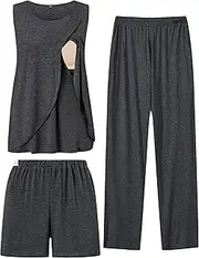 [SWOMOG] Women Maternity Pajama Set 3Pcs Nursing Pjs Sleeveless Pregnancy Set Breastfeeding Pjs Double Layer with Pockets