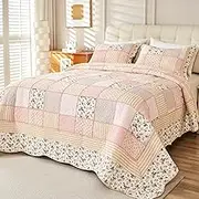 Cmfshape Floral Quilt Sets Bedspread Set 100% Cotton Real Patchwork Bedding Set, All Season Use Lightweight Reversible Coverlet Quilts with 2 Pillow Shams(King 106"x96")