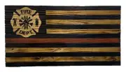 Rustic Handmade Burned Fire Department Badge w/Red line American Wood Flag