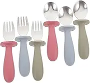 HOMOBABE 6pc Toddler Silverware Set Stainless Steel Spoon Fork Silicone Handles Baby Feeding Utensils Baby Learning Spoon Fork Kit Boys and Girls