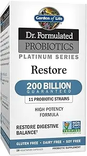 Garden of Life Dr. Formulated Probiotics Platinum Series Restore 200 Billion CFU Guaranteed, High Potency Probiotic Formula, Vegan, Non-GMO, Gluten, Dairy Free Digestive Immune Support, 28 Capsules