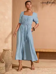 Love & Roses Light Blue Denim Square Neck Short Sleeve Belted Button Through Mid Dress (F08179) | $134