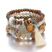 Bracelet Set Boho Ethnic 4 Piece Tree of Life Charm Beaded Stretch w Tassel