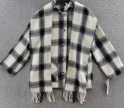 AQUA Scarf Collar Coat Women's S Black/White Check Wool Blend Patch Pocket L/S