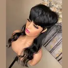 Women Black Long Wigs Party Mullet Wigs With Bangs Human Hair Wigs Body Wave