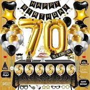 70th Birthday Decorations for Women Or Men Black & Gold, 70 Birthday Party Supplies Gifts for Her ( Him) Including Happy Birthday Balloons, Fringe Curtain, Tablecloth, Photo Props, Foil Balloons, Sash