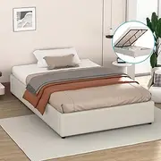 ALFORDSON Bed Frame Base with Gas Lift Storage Single Size Wilbur Series Without Bed Head, Mattress Topper Platform Foundation with Linen Fabric Upholstery for Bedroom, Fabric Beige