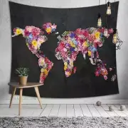 Flower World Map Wall Hanging, Floral Tapestry, Map Art