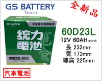 在飛比找Yahoo!奇摩拍賣優惠-＊電池倉庫＊全新GS(統力)汽車電池 免加水60D23L(5