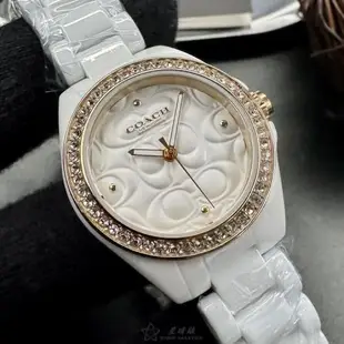 COACH 蔻馳女錶 26mm 白圓形陶瓷錶殼 白色中三針顯示, 浮雕錶面款 CH00193