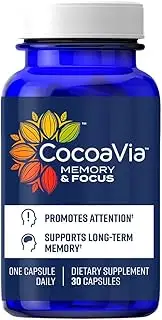 CocoaVia Memory & Focus Brain Supplement, Proprietary Cocoa Flavanol Blend, Lutein, Added Caffeine for Boost. Improve Cognitive Function, Attention, Vegan Friendly & Plant Based, 30 Day Supply