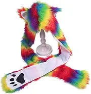 [XISAOK] Women Rainbow Stripes Furry Animal Hoodie Hat Fluffy Plush Ears Paws 3 in 1 Earflap Cap Scarf Gloves Mittens Warmer