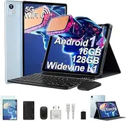 2025 Android 14 Tablet 10 Inch with 5G WiFi 6, 16 GB RAM + 128 GB ROM 1TB, GPS, Octa-Core, 8MP + 13MP, 1280 x 800, 6000 mAh, Tablet with Keyboard + Mouse + Case - Blue