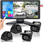 4K RV Backup Camera System with 10.36’’ Monitor for RV Truck Bus Trailer with Rear Side View 4 AHD Camera 4 Splits Touch Screen DVR Recording IP69 Waterproof Bluetooth Music Video Playback Avoid Blind