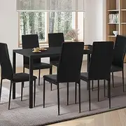 Oikiture Dining Table with Dining Chairs for Set 6PCS 140cm Rectangle Marble Table Top Black for Home Kitchen or Dining Room