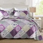 ENJOHOS King Size Quilt Set - 3 Pieces Purple Patchwork King Quilt with 2 Pillowcases, Lightweight Reversible Country Bedspread with Floral Design