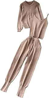 [Generic] Women Full Zip Knit Coat Cropped Spaghetti Strap Tank Tops Elastic Waist Long Pant Matching Set Knit Jogging Tracksuits