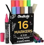 Liquid Chalk Markers & Metallic Colours by Chalkola - Pack of 16 Chalk Pens - For Chalkboard, Blackboards, Window, Glass, Bistro | 6mm Reversible Bullet & Chisel Tip Erasable Ink