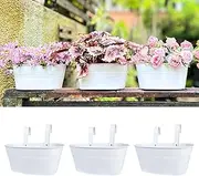 LaLaGreen Outdoor Plants Rail Planter (3 Pack, 11.2 Inch) White Metal Iron Hanging Flower Pots Deck Railings Fence Balcony Modern Boho Style Wall Mount Window Box Plant Holder Hooks Porch Home Decor