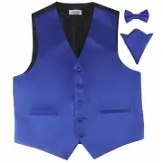 Mens Royal Blue Plain Vest Waistcoat & Matching Bow Tie & Pocket Square Polyester
