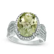 Oval Green Quartz and Lab-Created White Sapphire Frame Ring in Sterling Silver