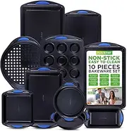 NutriChef 10-Piece Kitchen Oven Baking Pans - Deluxe Carbon Steel Bakeware Set with Stylish Non-Stick Blue Coating Inside&Out,Blue Silicone Handles Dishwasher Safe & PFOA, PFOS, PTFE Free (NCBK10S)