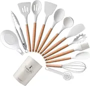 14 Piece Kitchen Set, Baking Brush, Wooden Handle Cookware Silicone Cooking Utensils with Storage Bucket, Heat Resistant Easy to Clean Nonstick for Silicone Galley Utensils (White)