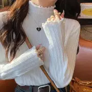 Ruffle Mock Neck Plain Ribbed Knitted Top White - One Size