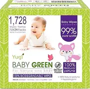 Yugi Green Baby Wipes with Essential Oils for Sensitive Skin & Nose Wipe. Plant-Based, and Organic, Plastic FREE, 1,728 Count (24 Packs of 72)