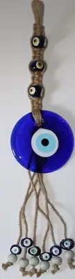 20" Long Macrame 5" Glass Evil Eye & Small Glass Beads Judaica Luck Wall Charm