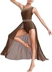 [Generic] Women's Lyrical Dance Dress Figure Skating Performance Costume Sparkly Rhinestones Sides Split Ballet Gymnastic Leotard
