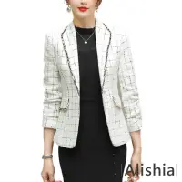 在飛比找momo購物網優惠-【Alishia】韓版俐落格紋簡約西裝外套(現+預 黑 / 