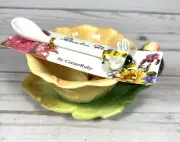 Corner Ruby Garden Collection Yellow Flower Tea Cup Leaf Saucer Bee Spoon