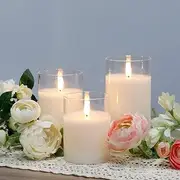 JHY DESIGN Set of 3 Glass Wax Flameless Candles 3D Effect LED Candles White Wax Flickering Battery Candles with 8-Key Remote Control Timer for Home Wedding Party Christmas(Pivoted Flame-Shaped Tip)