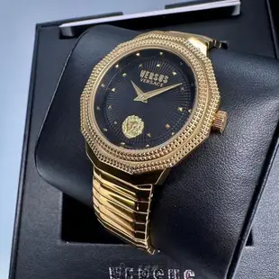 VERSUS VERSACE 凡賽斯男女通用錶 38mm 金色12邊形精鋼錶殼 黑色簡約, 中二針顯示錶面款 VV00384