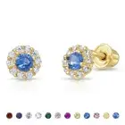 14K Real Solid Gold Round Halo Birthstone CZ Sleeper Studs Earrings Screw-back