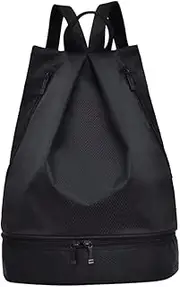 LIFKOME Drawstring Backpack Sports Bag for Fitness Swimming Beach Lightweight Capacity Durable Wet Dry Separation Design for Camping Travel Black