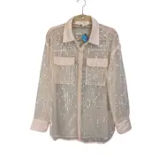 BOSS House of Harlow 1960 Shirt Top Womens M Cream Sequin Relaxed Button Up NWT
