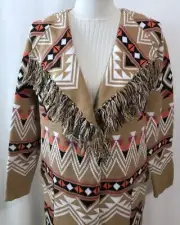 Chaser $175 Southwest Motif Fringe Collar Open Front Long Knit Jacket Size M NWT